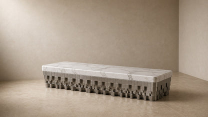 White marble bench Sabat 180, white with grey veining, pale base, on a pale stone floor.