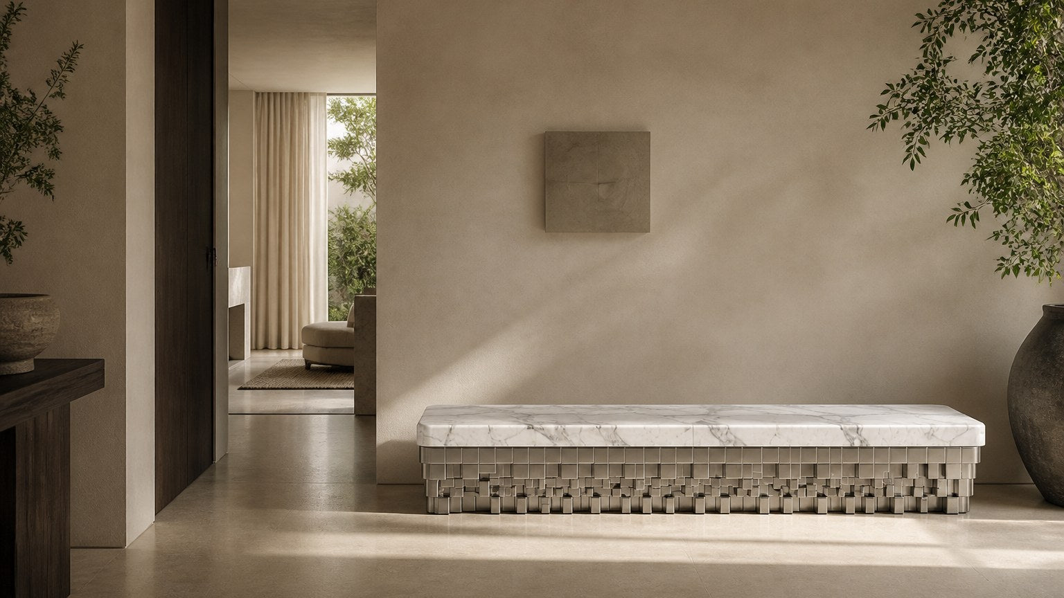 White marble bench Sabat 180, white with grey veining, pale base, on a pale stone floor.