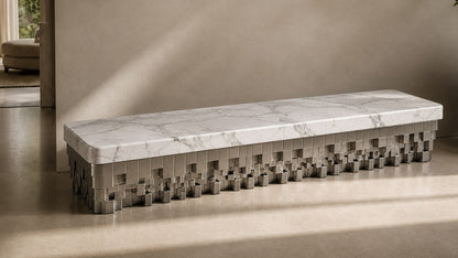 White marble bench Sabat 180, white with grey veining, pale base, on a pale stone floor.