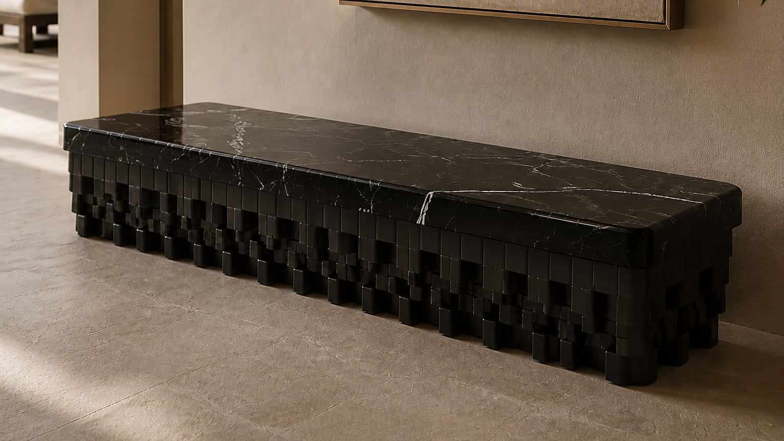 Black marble bench Samt 180, deep black with white veining, on a pale stone floor.