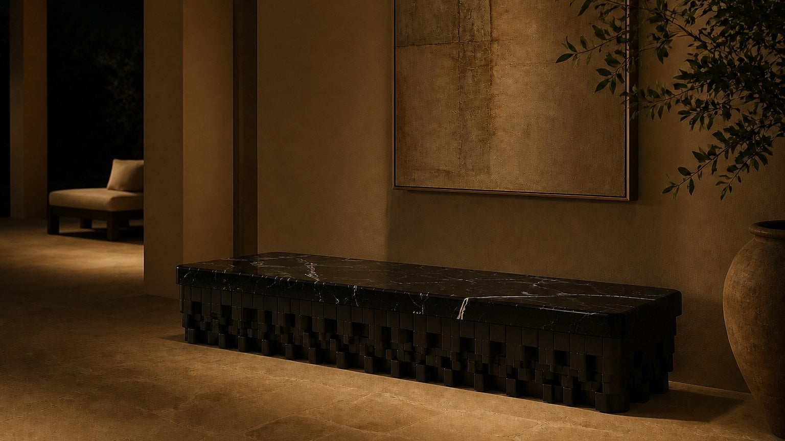 Black marble bench Samt 180, deep black with white veining, on a pale stone floor.