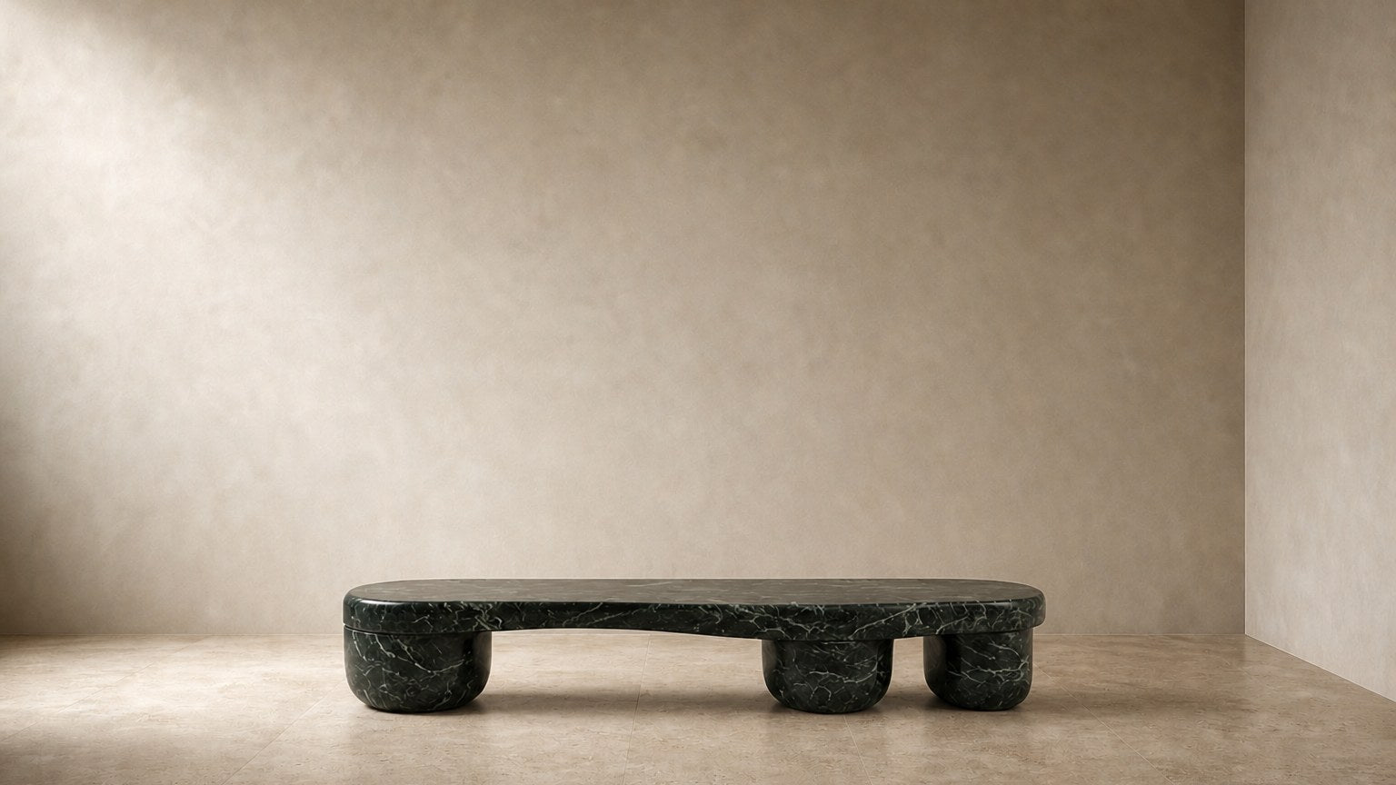 Green marble bench Serena 180, deep green with white veining, on a pale stone floor.