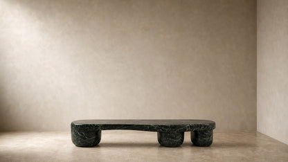 Green marble bench Serena 180, deep green with white veining, on a pale stone floor.