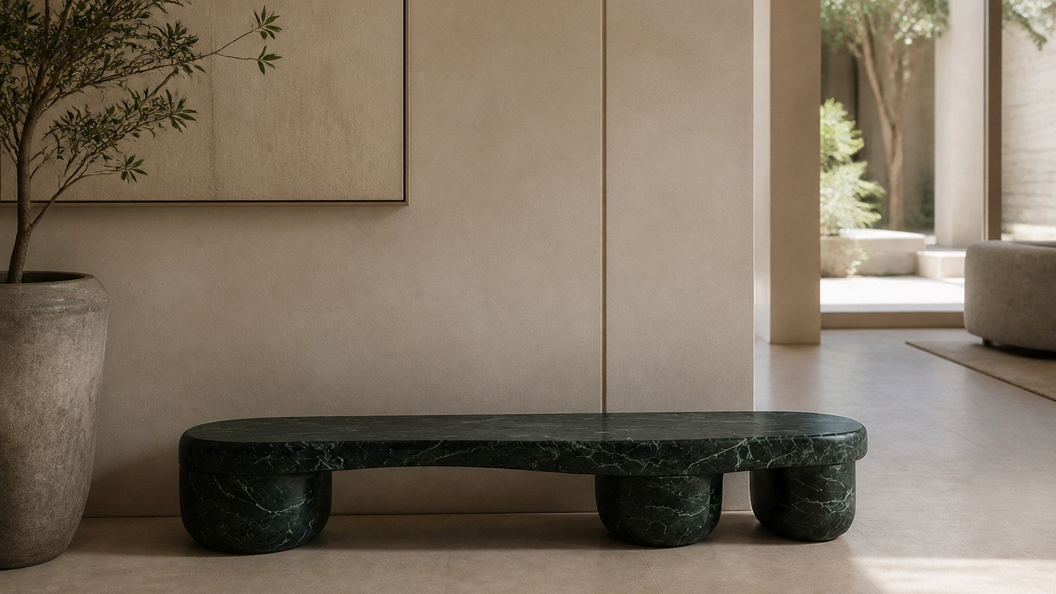 Green marble bench Serena 180, deep green with white veining, on a pale stone floor.