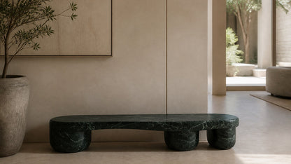 Green marble bench Serena 180, deep green with white veining, on a pale stone floor.