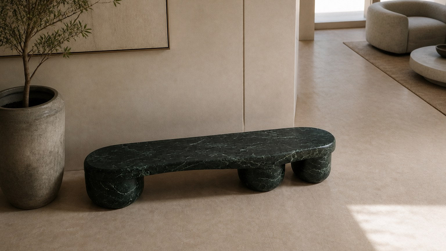 Green marble bench Serena 180, deep green with white veining, on a pale stone floor.