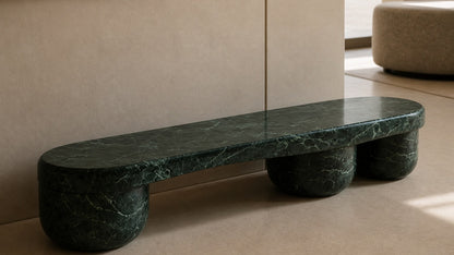 Green marble bench Serena 180, deep green with white veining, on a pale stone floor.