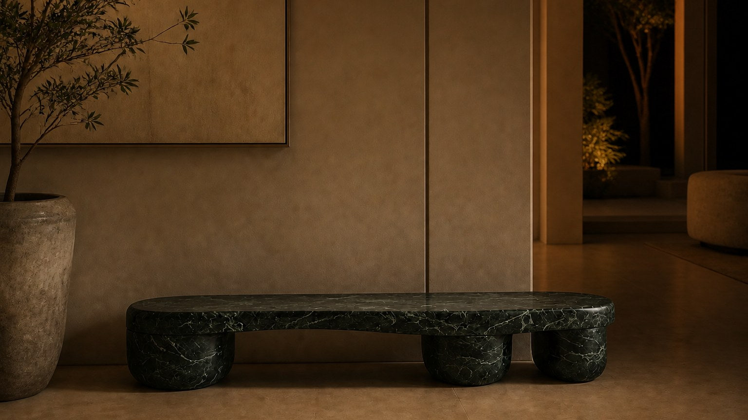 Green marble bench Serena 180, deep green with white veining, on a pale stone floor.