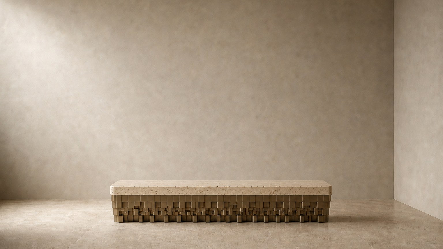Travertine bench Sukoon 180, warm cream seat, olive-bronze base, on a pale stone floor.