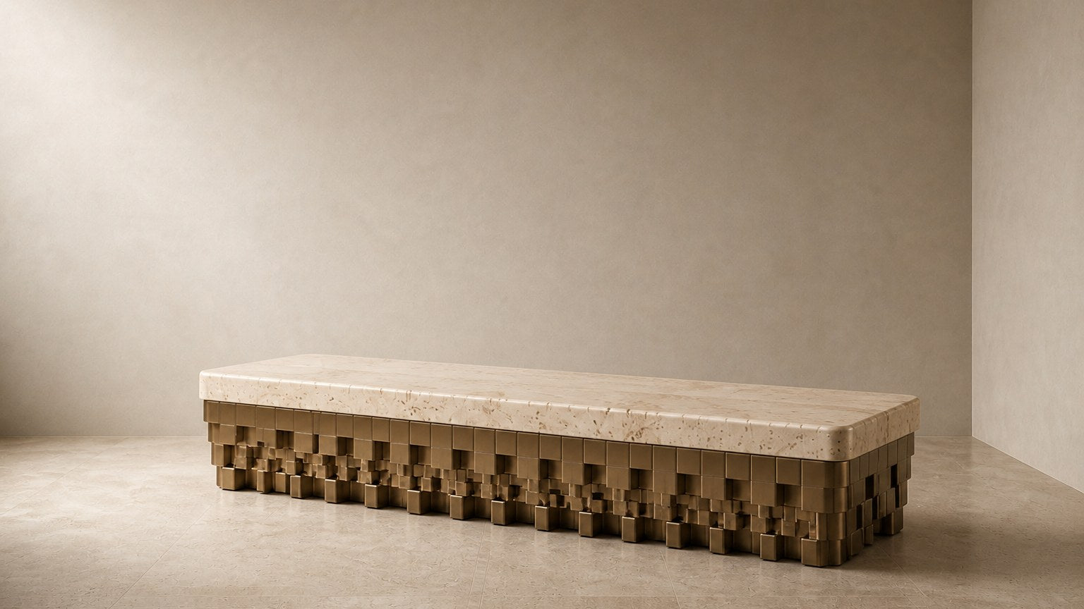 Travertine bench Sukoon 180, warm cream seat, olive-bronze base, on a pale stone floor.