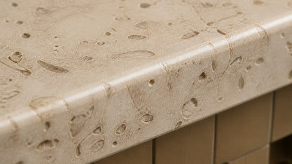 Travertine bench Sukoon 180, warm cream seat, olive-bronze base, on a pale stone floor.