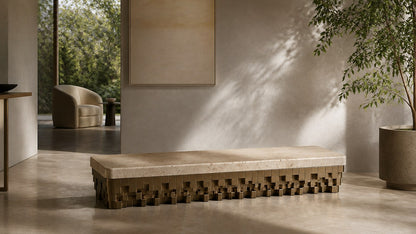 Travertine bench Sukoon 180, warm cream seat, olive-bronze base, on a pale stone floor.