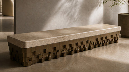 Travertine bench Sukoon 180, warm cream seat, olive-bronze base, on a pale stone floor.
