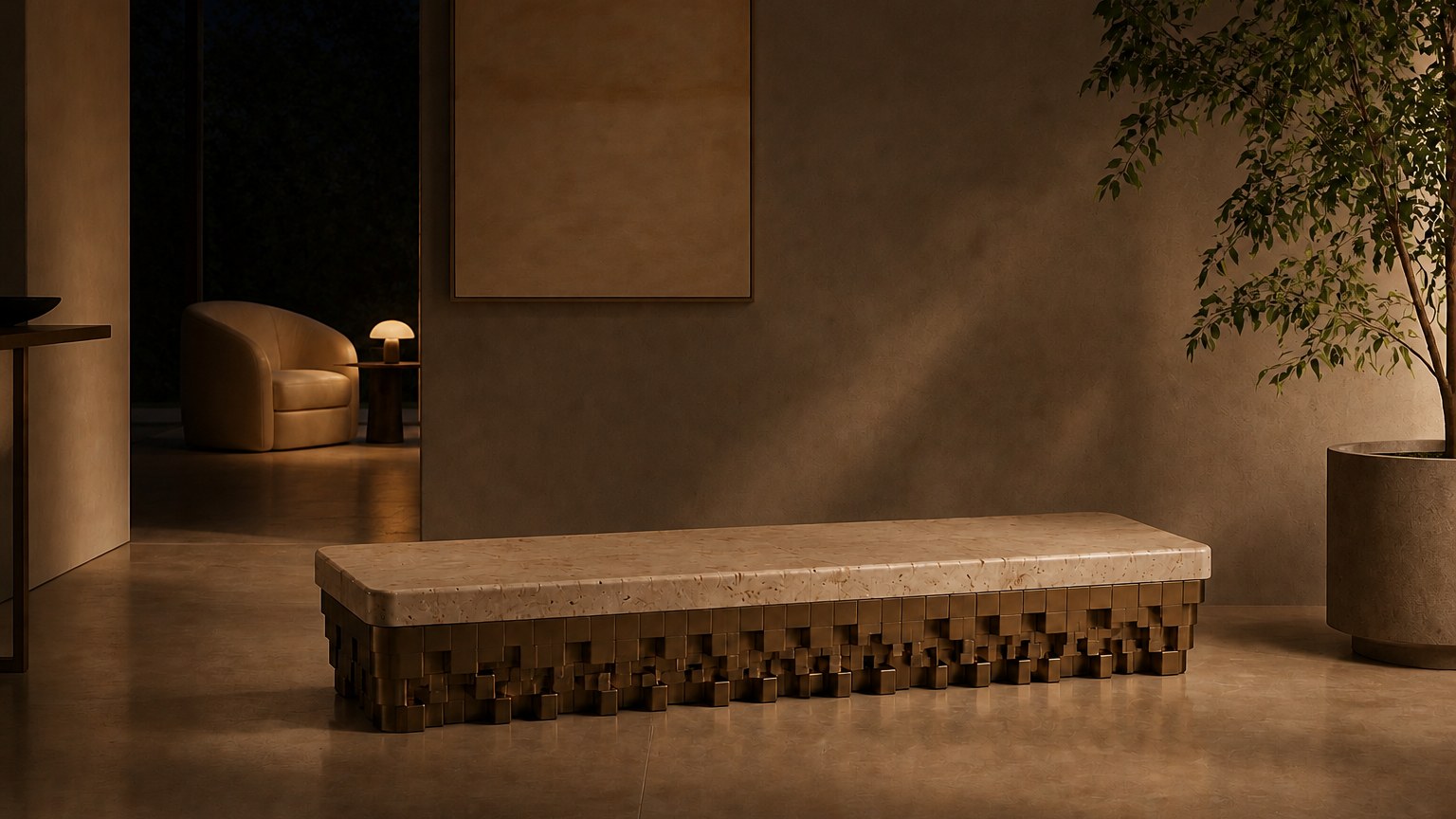 Travertine bench Sukoon 180, warm cream seat, olive-bronze base, on a pale stone floor.