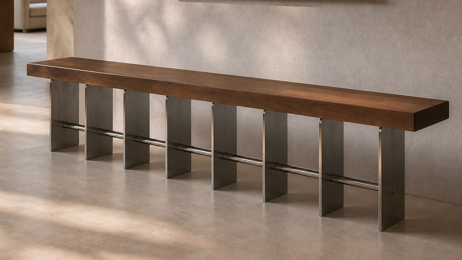 Timber and steel bench Tomari 240, dark walnut seat, brushed steel legs, on a pale stone floor.