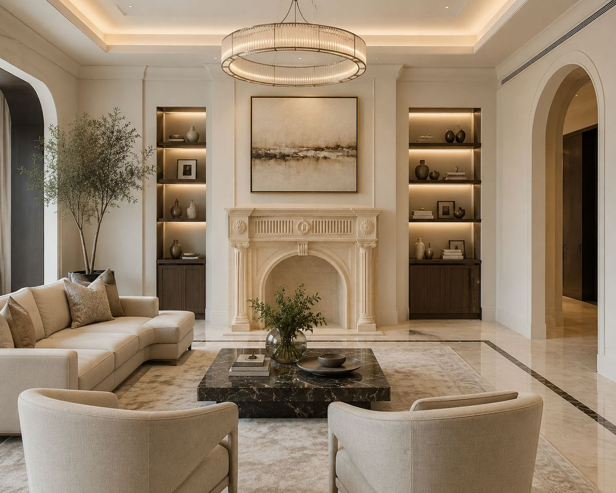 A 1-OPH marble fireplace installed in a Dubai residence