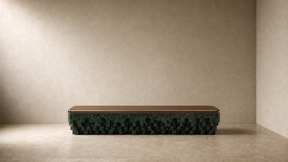 Green marble bench Yasumi 180, bronze seat, green marble base, on a pale stone floor.