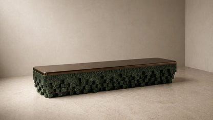 Green marble bench Yasumi 180, bronze seat, green marble base, on a pale stone floor.