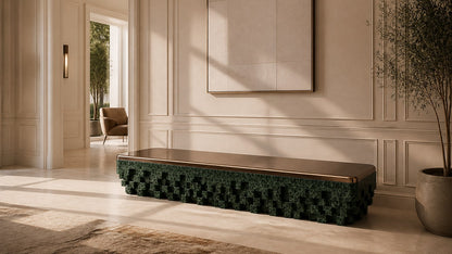 Green marble bench Yasumi 180, bronze seat, green marble base, on a pale stone floor.