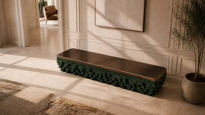Green marble bench Yasumi 180, bronze seat, green marble base, on a pale stone floor.