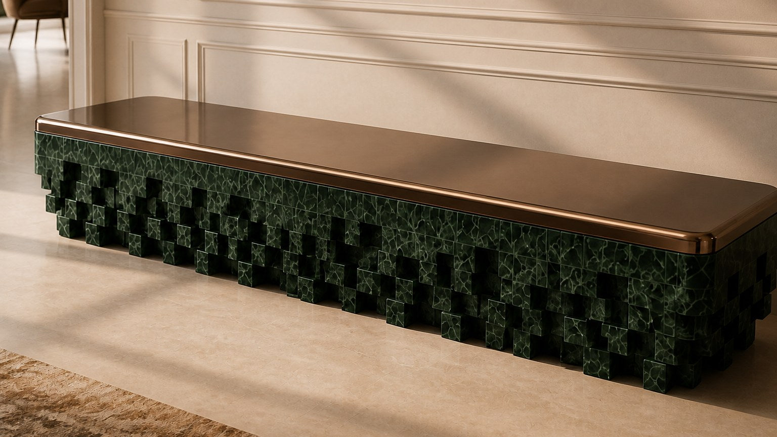 Green marble bench Yasumi 180, bronze seat, green marble base, on a pale stone floor.