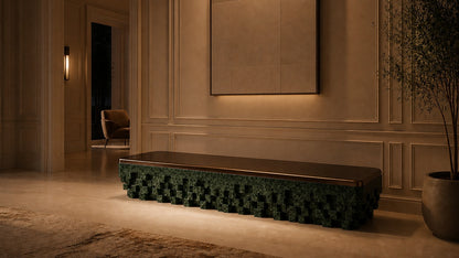 Green marble bench Yasumi 180, bronze seat, green marble base, on a pale stone floor.