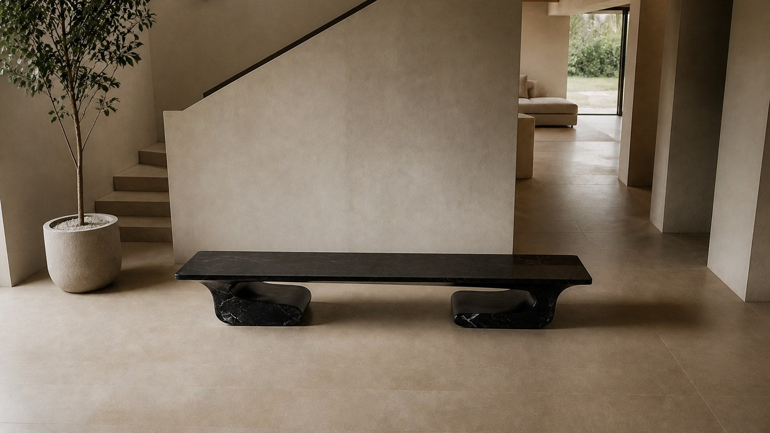 Black stone bench Yutori 180, deep black with white veining, on a pale stone floor.