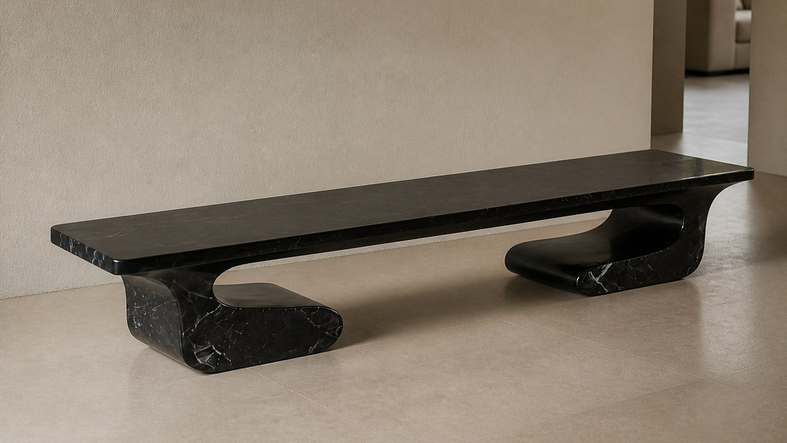 Black stone bench Yutori 180, deep black with white veining, on a pale stone floor.