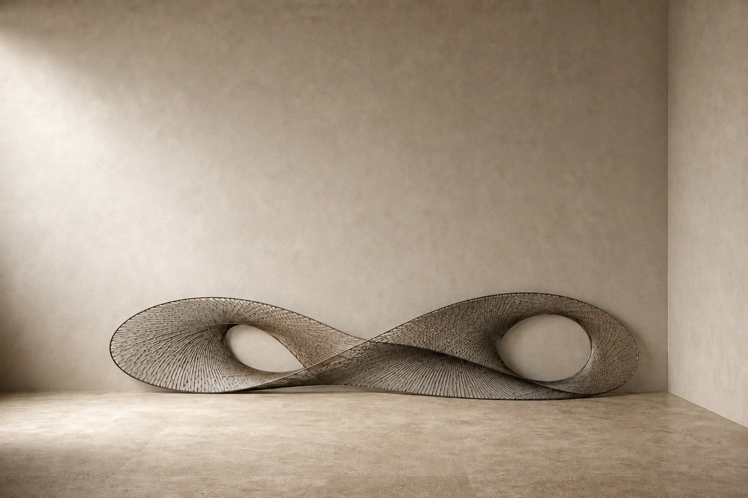 Wide woven-wire infinity form in pale silver-grey with two lens voids, against a plaster wall.