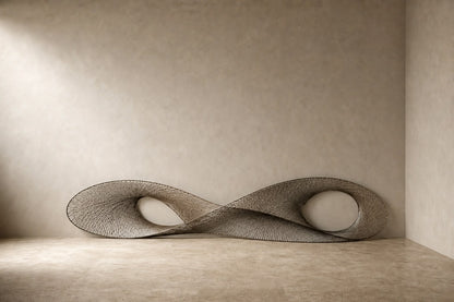 Wide woven-wire infinity form in pale silver-grey with two lens voids, against a plaster wall.
