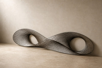 Wide woven-wire infinity form in pale silver-grey with two lens voids, against a plaster wall.