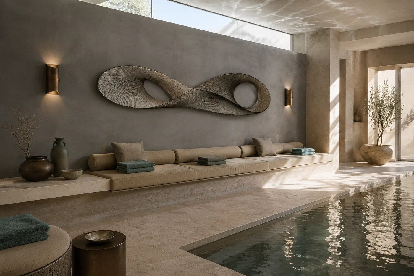 Wide woven-wire infinity form in pale silver-grey with two lens voids, against a plaster wall.
