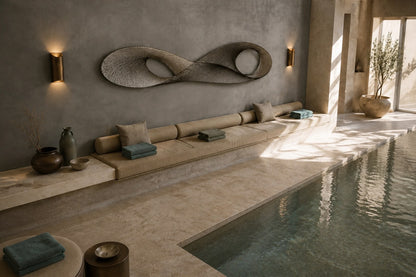 Wide woven-wire infinity form in pale silver-grey with two lens voids, against a plaster wall.