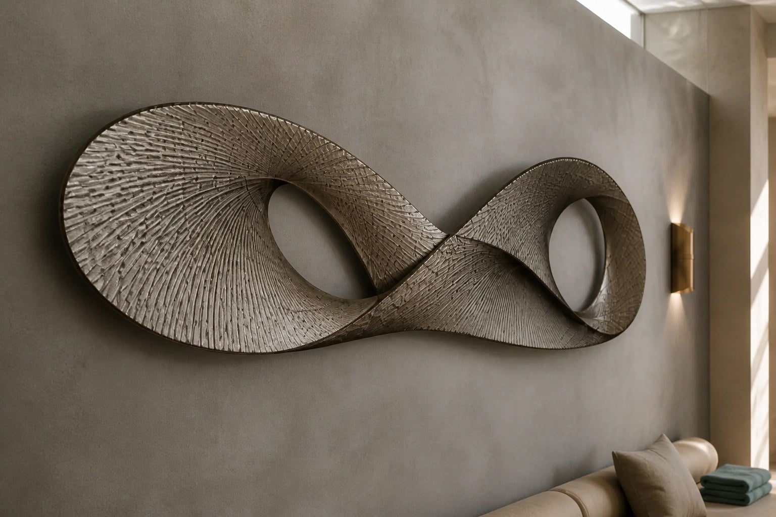 Wide woven-wire infinity form in pale silver-grey with two lens voids, against a plaster wall.