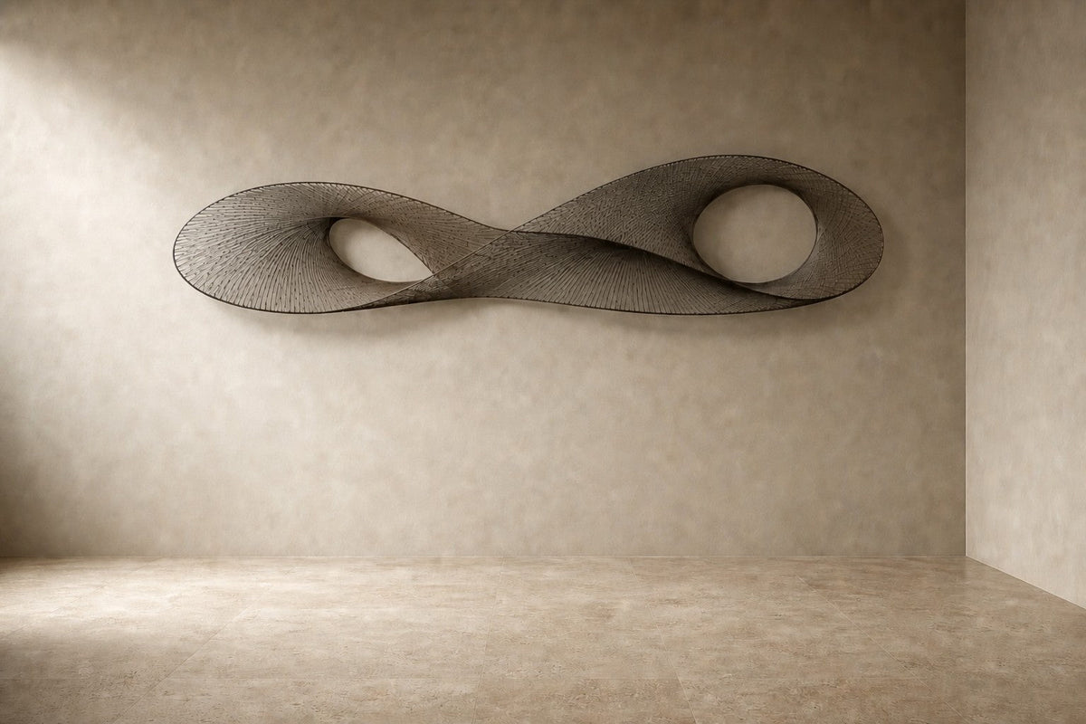 Abadi — 200 × 70 cm brushed steel wire wall sculpture woven into a figure-of-eight loop, studio view of the whole piece