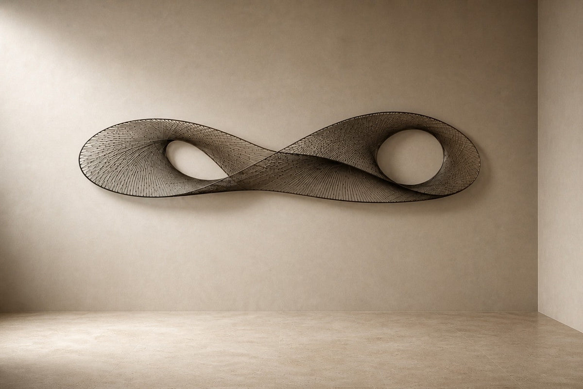 Abadi — 200 × 70 cm brushed steel wire wall sculpture woven into a figure-of-eight loop, three-quarter studio view showing its profile