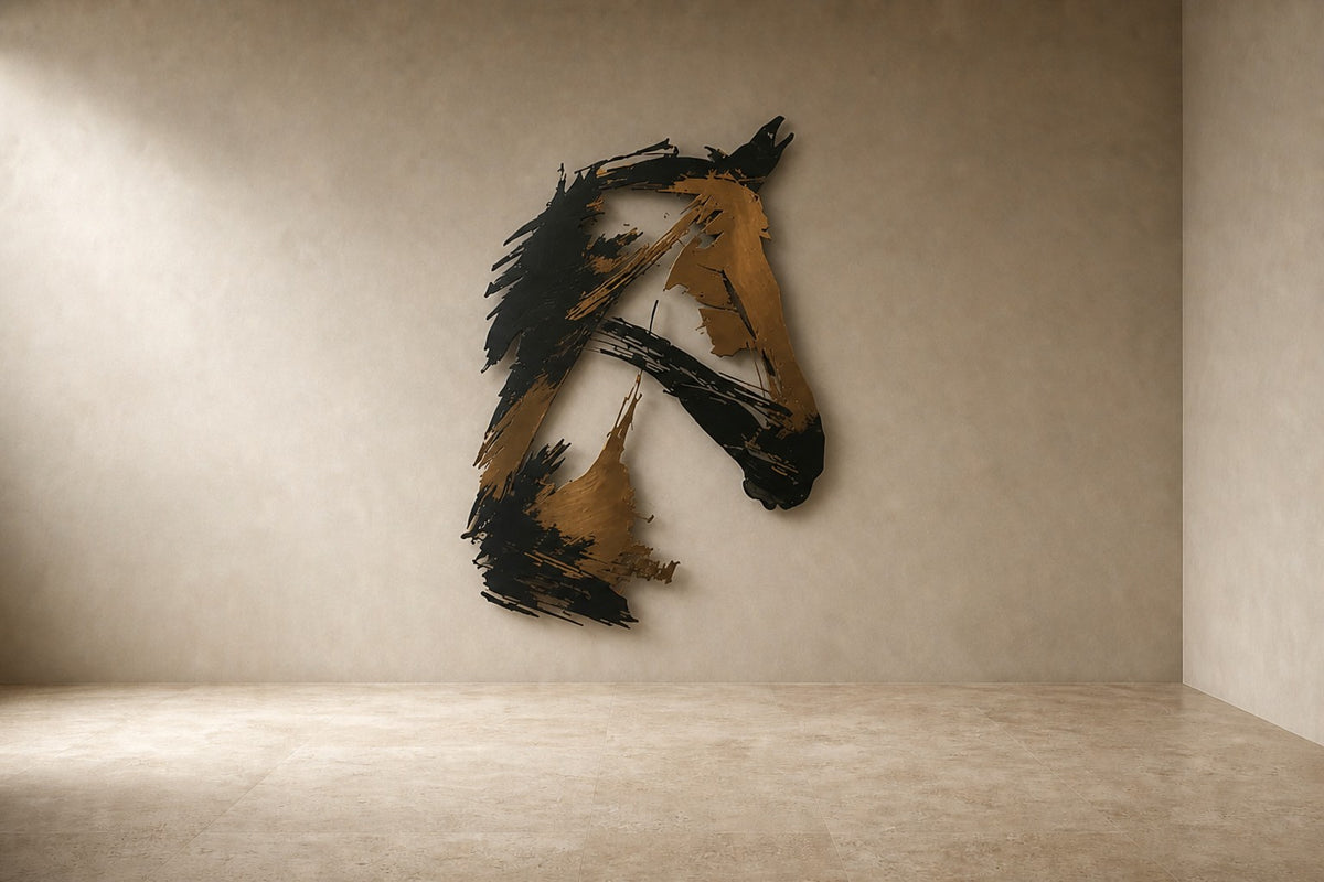 Adham 140 — 140 cm black and bronze steel wall sculpture of a horse's head in brush-stroke forms, studio view of the whole piece