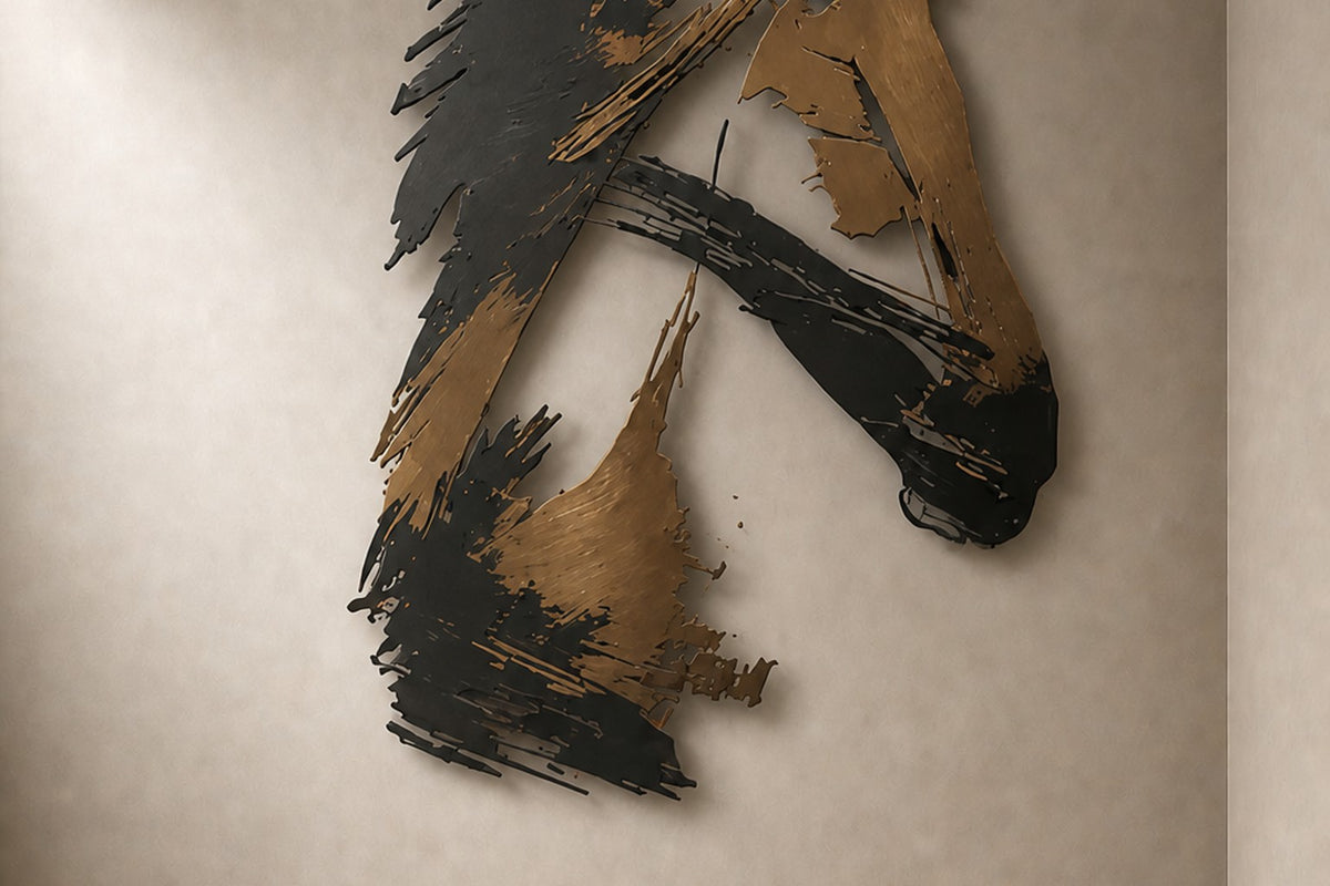 Adham 140 — 140 cm black and bronze steel wall sculpture of a horse's head in brush-stroke forms, three-quarter studio view showing its profile