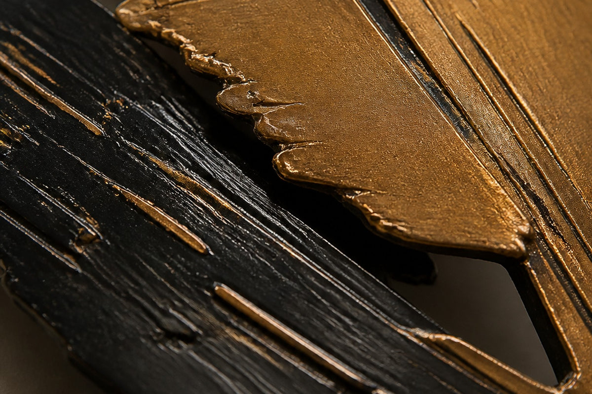 Adham 140 — 140 cm black and bronze steel wall sculpture of a horse's head in brush-stroke forms, close studio detail of the surface and material