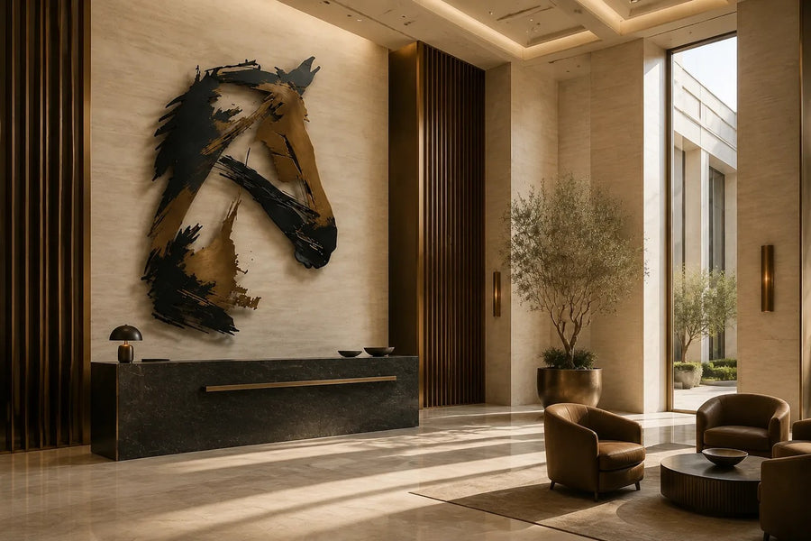 Adham 140 — 140 cm black and bronze steel wall sculpture of a horse's head in brush-stroke forms, placed in a furnished room