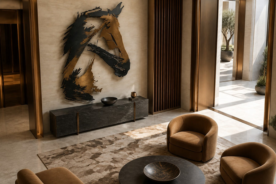 Adham 140 — 140 cm black and bronze steel wall sculpture of a horse's head in brush-stroke forms, seen from above in the room