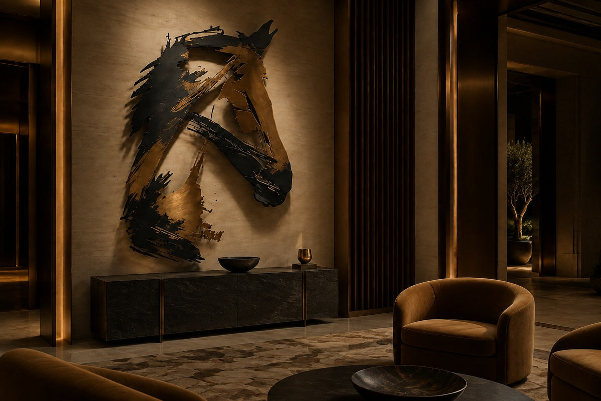 Adham 140 — 140 cm black and bronze steel wall sculpture of a horse's head in brush-stroke forms, the same room at night, lamps on