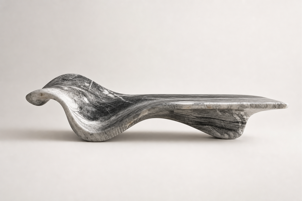 AERIS MARBLE BENCH I, studio view of the whole piece
