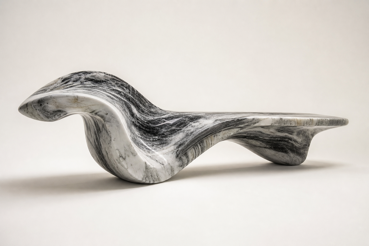 AERIS MARBLE BENCH I, three-quarter studio view showing its profile