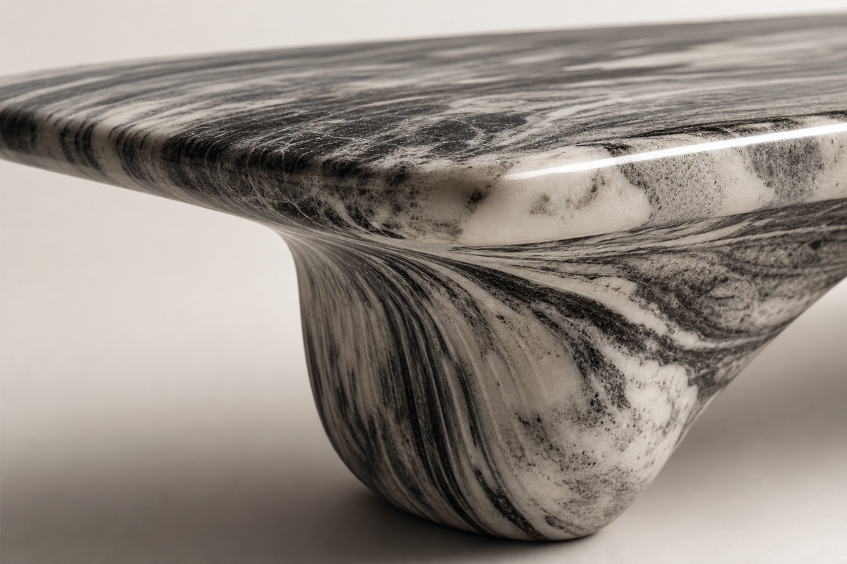 AERIS MARBLE BENCH I, close studio detail of the surface and material