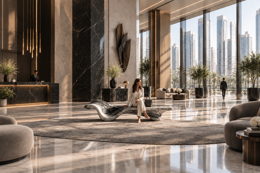 AERIS MARBLE BENCH I, shown in a room setting, at full scale