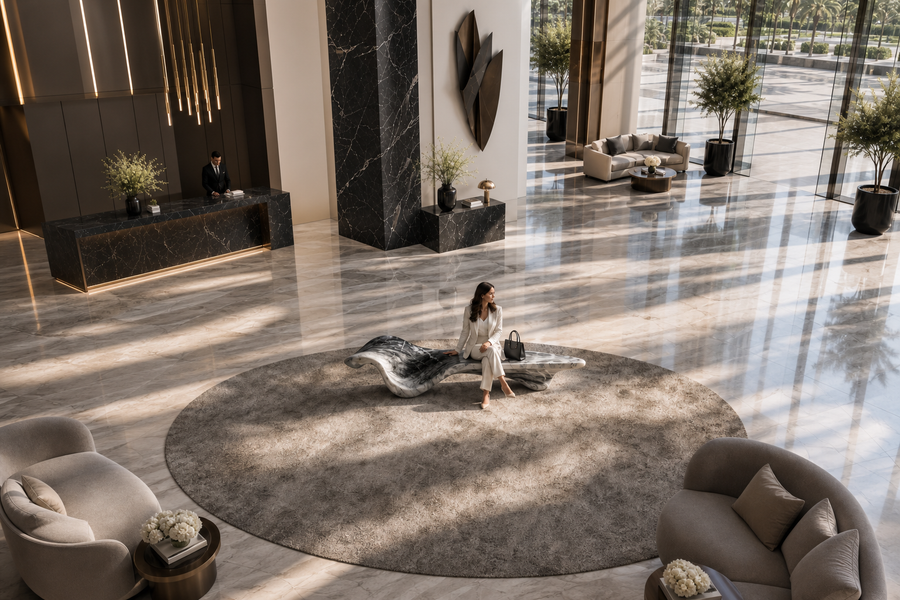 AERIS MARBLE BENCH I, overhead view in a room setting