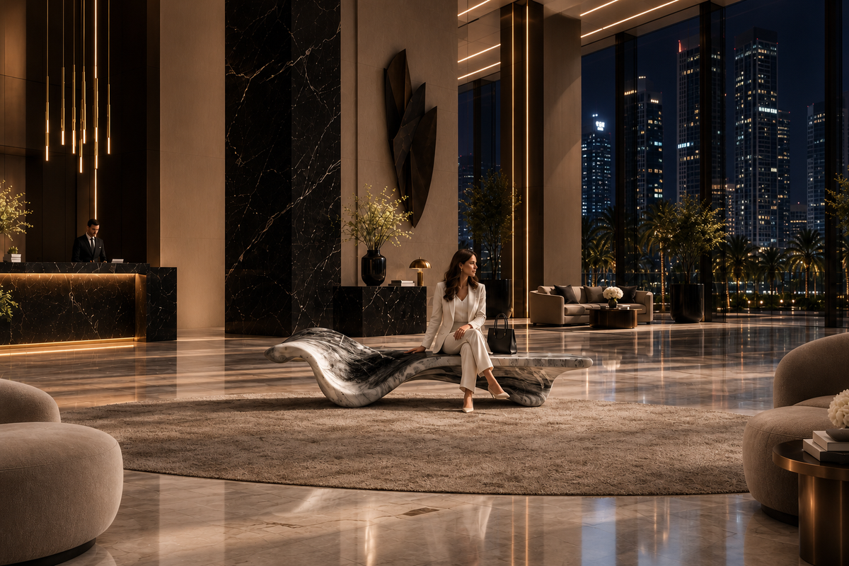 AERIS MARBLE BENCH I, in a room setting under evening light