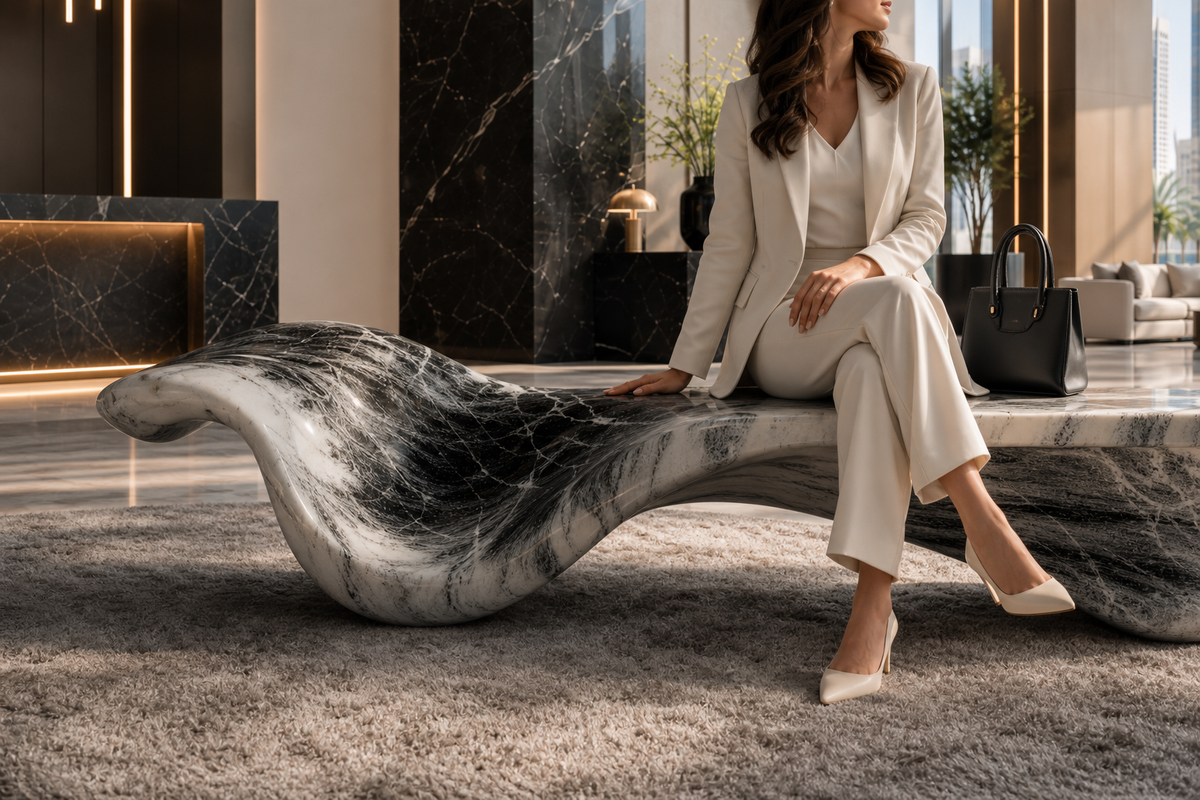 AERIS MARBLE BENCH I, design sketch showing the form