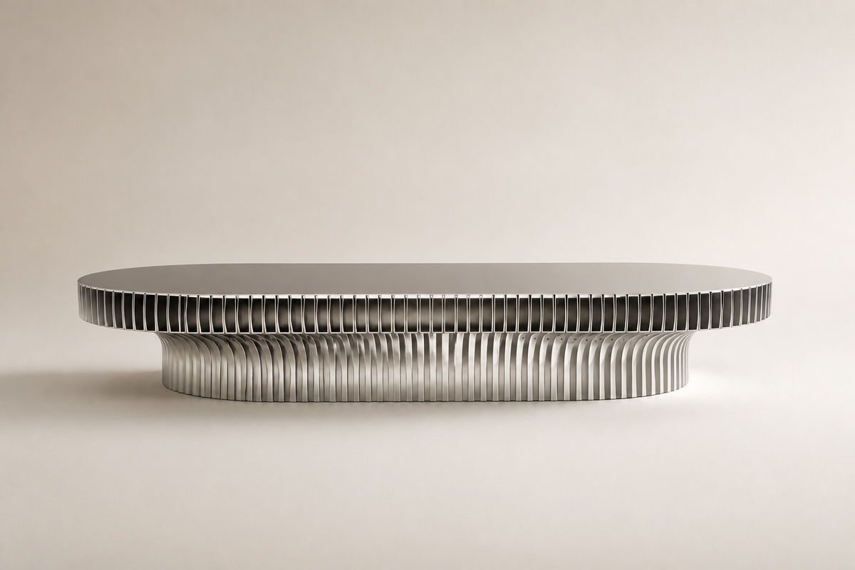 Aero Rib Stainless Steel Bench, studio view of the whole piece